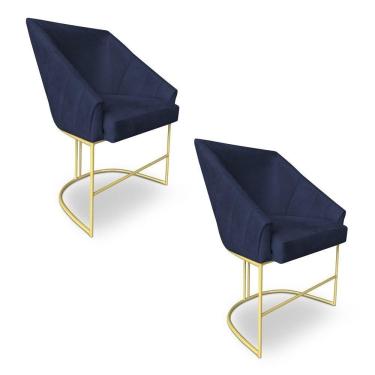 Imagem de Kit 2 Poltronas Decorativas Alana Veludo Azul Marinho Base De Ferro Dourado - Pallazio