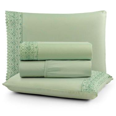 Imagem de Jogo De Lençol Casal Nobless Bordado Micropercal 200 Fios Toque De Algodão 4 Peças Verde