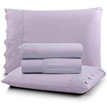 Imagem de Jogo De Lençol Casal Nobless Bordado Micropercal 200 Fios Toque De Algodão 4 Peças Lilás