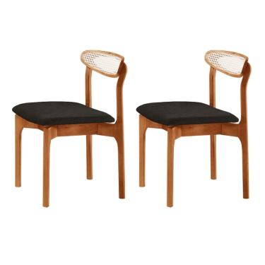 Imagem de Conjunto com 2 Cadeiras Premium em Madeira Maciça Monaco Linho Preto /Imbuia Natural