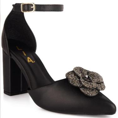 Imagem de Scarpin Feminino Salto Bloco Bico Fino Flor Pedraria Social Confortáve