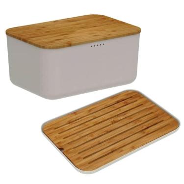 Imagem de Conjunto Porta Pão com Tampa Caixa 33cm E Tábua Migalheira Bege Base Bambu 33x23cm Lume Ou