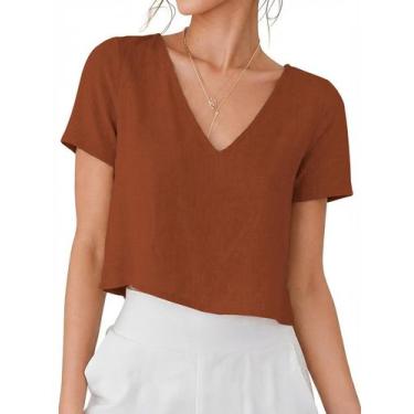 Imagem de Camisa IDEALSANXUN de linho para mulheres, primavera, verão, tijolo, v