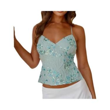 Imagem de Camisola Feminina Com Lantejoulas, Alça Espaguete, Ajuste Slim, Top Cu