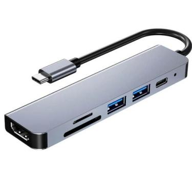 Imagem de Hub tipo c 6 em 1 (1xusb2.0, 1xusb3.0, micro sd, tf, hdmi, rj45) peini