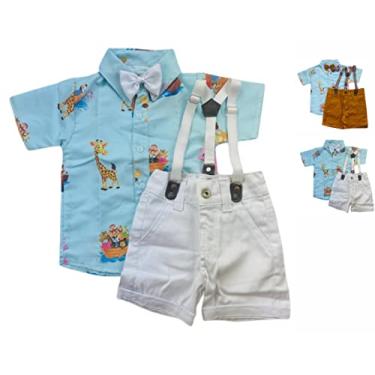 Imagem de Arca de Noé Kit Roupa Conjunto Infantil Menino 4 Peças Camisa Gravata Bermuda e Suspensório Aniversário Mesversário (6 a 11 meses, Branco)