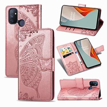 Imagem de YUNCHAO Caixa de telefone Para oneplus nord nord n100 borboleta flor de amor em relevo caso de couro flip horizontal com suporte/cartão/carteira/cordão capa para celular