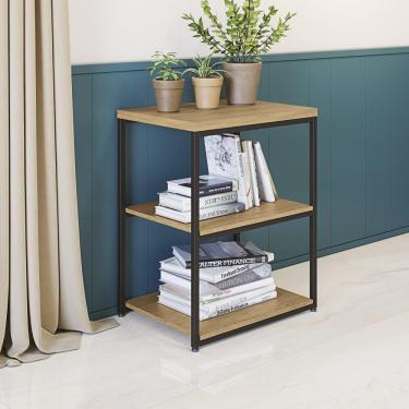 Imagem de Mesa de Apoio Industrial 45 cm Kappesberg 3 Andares Quarto Sala Base Metal MDP Marrom Madeira Preto