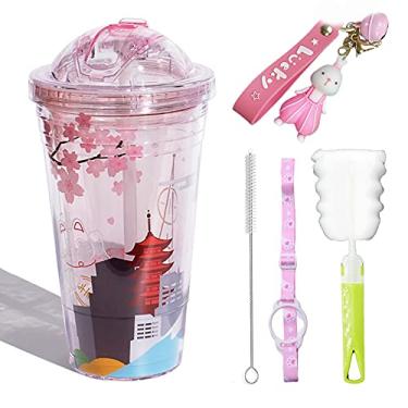 Imagem de seelucky Copo de viagem rosa com canudo para menina copo floral festa infantil copo de plástico piquenique festa presente de aniversário (rosa tóquio, 480 ml)