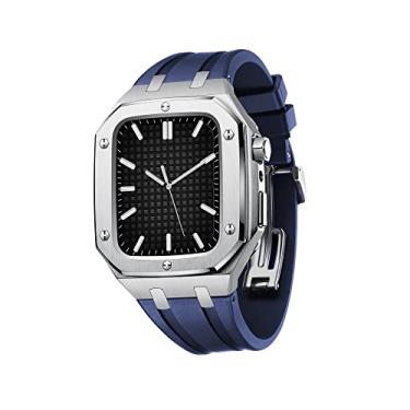 Imagem de TONECY Capa protetora robusta masculina pára-choques de metal à prova de queda com pulseira de silicone capa de banda de luxo para Apple Watch 45mm 44mm, para iWatch 7/6/5/4 SE (cor: