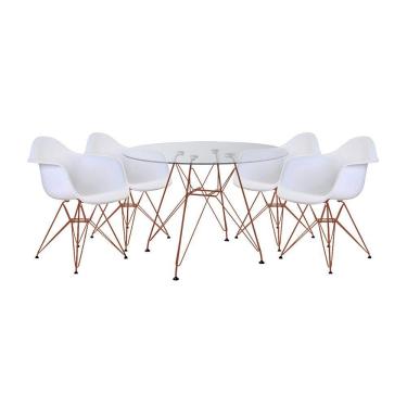 Imagem de Conjunto Jantar Mesa Redonda Vidro Eames Eiffel 90cm com 4 Poltronas Brancas Ferro Cobre