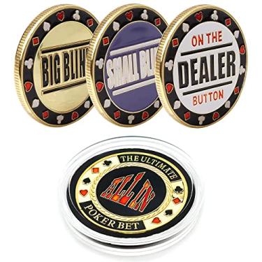 Imagem de Kit 4 Fichas de Poker Profissional em Metal de Luxo para Posição no Pôquer + Estojos (DEALER + BIG BLIND + SMALL BLIND + ALL IN)