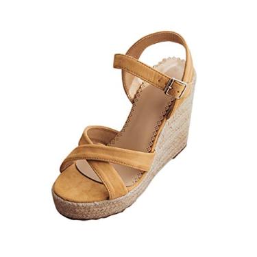 Imagem de Sandálias femininas de anabela de dedo do pé feminino anabela moda casual chinelos de caminhada sandálias abertas sapatos de praia sandálias femininas (cáqui, 8,5)