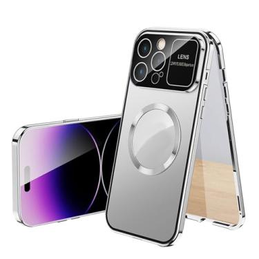 Imagem de PuRoxx Capa magnética para iPhone 15 Pro Max/15 Pro/15 Plus/15, anti-espião, dupla face, vidro temperado, janela, capa de telefone, moldura de metal, prata, 15