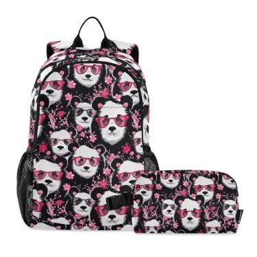 Imagem de CHIFIGNO Conjunto de 2 peças de mochila vintage floral rosa rosa folhas verdes com lancheira, mochila para laptop adolescente, mochilas escolares para livros, Panda fofo com óculos rosa, One Size