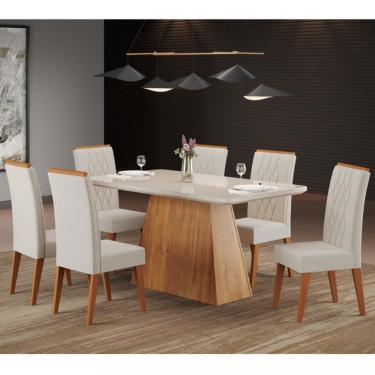 Imagem de Conjunto Sala de Jantar Mesa Guaruja 6 Cadeiras Cristal Viero - Mel/Off White/Veludo Marfim