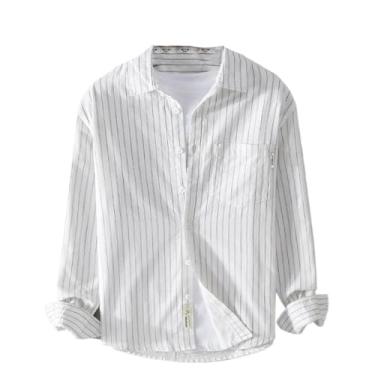 Imagem de WOLONG Camisetas masculinas de veludo cotelê primavera outono camisas diárias manga longa algodão sólido casual solto camisa listrada com bolso, Branco, GG