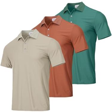 Imagem de ATOFY Pacote com 3 camisetas polo de golfe masculinas, manga curta, secagem rápida, desempenho e absorção de umidade, Verde + laranja + cáqui claro, M