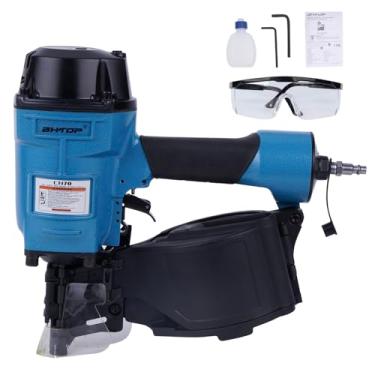 Imagem de BHTOP CN70 Pistola de pregos para tapume de bobina, pregador de revestimento pneumático de 15 graus, prego de revestimento de bobina de 1-3/10.2 cm a 2-3/10.2 cm para revestimento de revestimento de