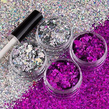 Imagem de 2 cores de glitter grosso holográfico com pacote de cola de secagem rápida, 1, 4 potes no total 40 g multiformatos para maquiagem corporal, cabelo, rosto, olhos, arte de unhas e deslumbrantes em festas/shows/eventos, glitter