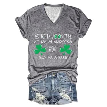 Imagem de Camisetas femininas do Dia de São Patrício com estampa da bandeira irlandesa túnica verde blusas casuais de manga curta, Cinza, G