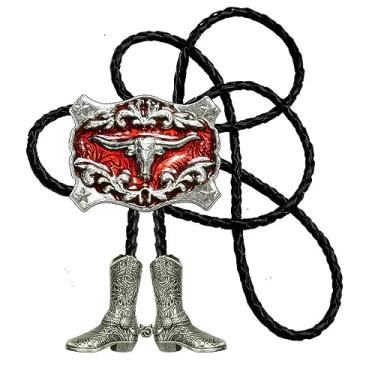 Imagem de Moranse Gravata Bolo com chapéu de cowboy ocidental sela e botas de cavaleiro estilo genuíno e corda de couro bovino, Red Bull Head, M