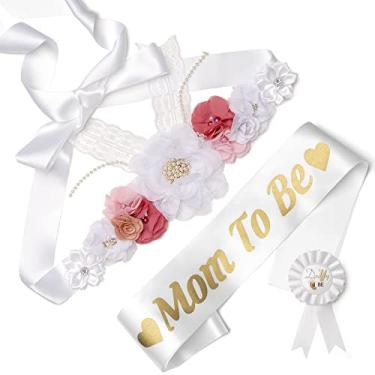 Imagem de Cinto de barriga de maternidade para chá de bebê, corsage to be e papai para ser, cinto de faixa de flores para gestantes, revelação de gênero, lembrancinhas de decoração de chá de bebê branco para