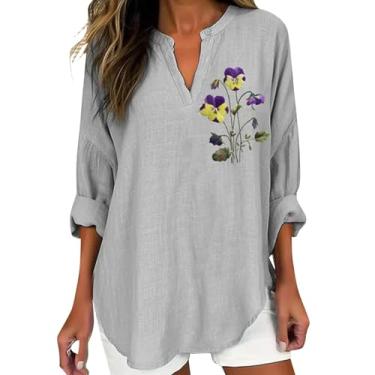 Imagem de Camiseta feminina de linho Alzheimers Awareness com bordado floral roxo de manga comprida, gola V, camiseta casual, Z013-cinza, XG