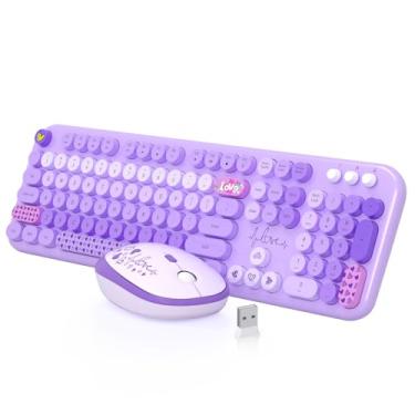 Imagem de MOFII Teclado e mouse sem fio, 104 teclas redondas, lindo teclado e mouse colorido de tamanho completo com máquina de escrever retrô para PC/Mac/Laptop/Tablet/Computador/Windows Roxo