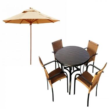 Imagem de Kit 4 Cadeiras e Mesa com Tampo Ripado em Alumínio e Ombrelone para Piscina, Jardim, Edícula, Área - Trama