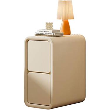 Imagem de Mesa de cabeceira pequena com 2 gavetas Mesa de cabeceira moderna ultra estreita em couro de microfibra totalmente embrulhada + sofá de madeira maciça Armário de armazenamento de mesa latera