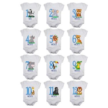 Imagem de Kit body mesversario manga curta safari 12 bodies de bebê 1 a 12 meses-Masculino