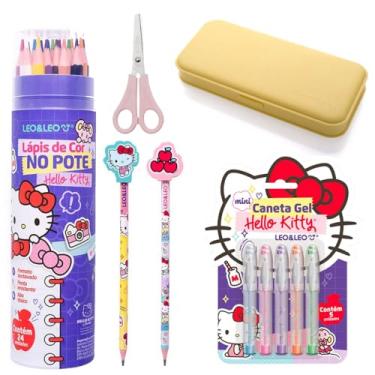 Imagem de Kit Material Escolar Infantil Feminino Meninas Caneta Colorida Lápis de Cor 24 Cores Tesoura Lápis com Borracha na Ponta - Leo e Leo (Amarelo)