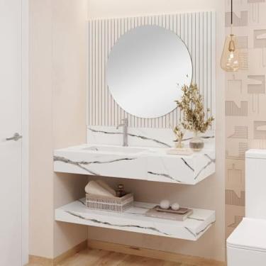 Imagem de Conjunto para Banheiro Bancada em Porcelanato com Cuba Esculpida, Prateleira e Espelho Ripy 100cm Branco