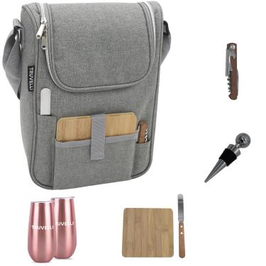 Imagem de Bolsa de vinho com isolamento Truvelli: kit de piquenique portátil com 2 garrafas de queijo, à prova d'água, lona preta - acessório de rolha, além de tábua de charcutaria de madeira