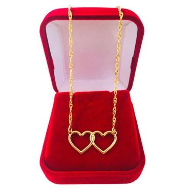Imagem de Colar Cordão Feminino Pingente Coração Duplo Folheada a Ouro 18k - Din