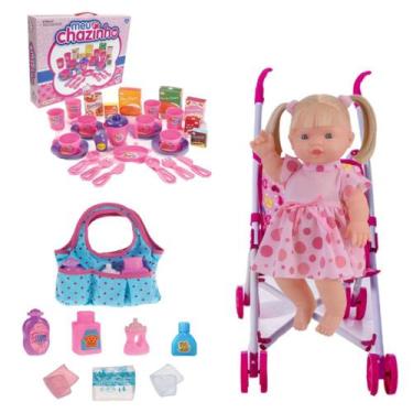 Imagem de Boneca Bebê Elisi e Bolsinha C/ Chazinho + Carrinho Passeio - Adijomar