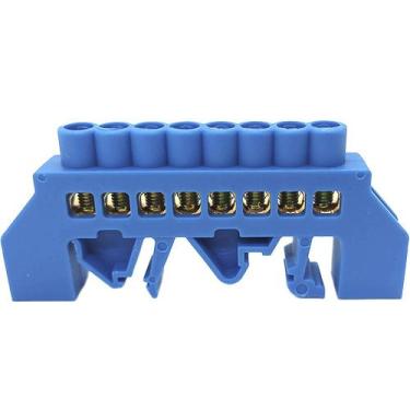 Imagem de Barramento Terminal Barra Neutro para Trilhos Din ou Fixo Azul 8 Furos