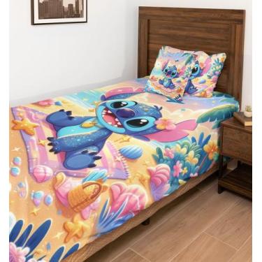Imagem de Lençol Solteiro Stitch na Praia Casa de Veraneio - Art Personalize