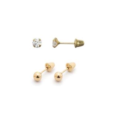 Imagem de Kit 2 pares Brincos de Ouro 18K Bolinha e Pedra de 3mm - Meu Primeiro 