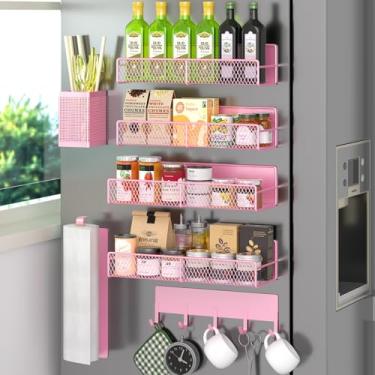 Imagem de Suporte magnético para temperos para geladeira, pacote com 7 prateleiras magnéticas de metal, rosa, organizador de especiarias móvel com gancho, suporte de toalha de papel, suporte de utensílios de
