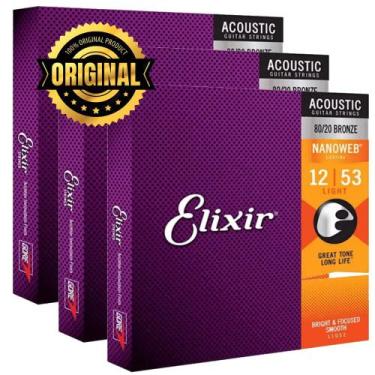 Imagem de Kit 3 Cordas Elixir .012 Light Bronze 80/20 para Violão Aço Nanoweb - 
