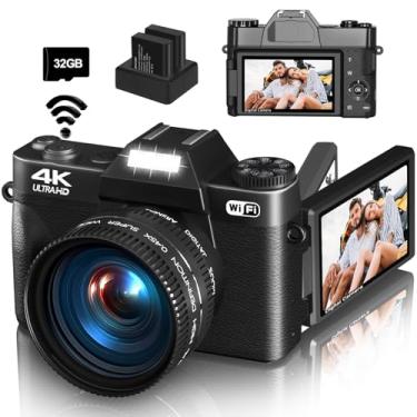 Imagem de Câmera digital 4K para fotografia e vlog, câmera YouTube de 56 MP com WiFi, tela flip de 7.6 cm 180°, zoom digital 16X, lente grande angular e macro de 52 mm, cartão TF de 32 GB, 2 pilhas – preta