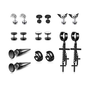 Imagem de PiercingJ Conjunto de 8 pares de brincos masculinos de aço inoxidável para homens e mulheres, brincos com dobradiça e dobradiça cruzada, piercing de argola Huggie Preto