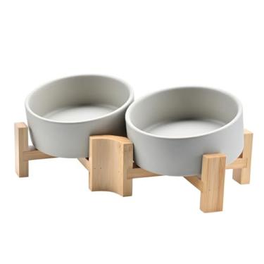 Imagem de SPUNKYJUNKY Tigela inclinada de cerâmica para cães e gatos de 15° com suporte de madeira, tigela inclinada para comida e água para buldogue não escorrega para gatos, cães médios, grandes animais de