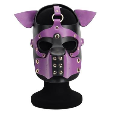 Imagem de ALMYMM Leather Puppy Mask, Neoprene Puppy Face Muzzle, Removable Full Face Pup Hood Mask, Halloween Mask, Men Cosplay Mask (Purple)