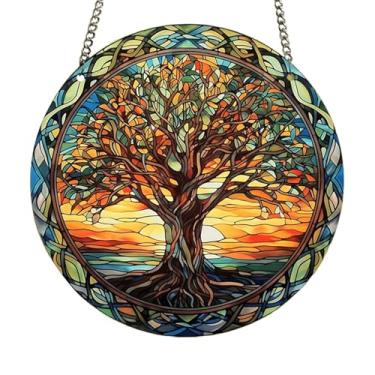 Imagem de Árvore da Vida, decoração para pendurar na janela, painel de acrílico manchado, enfeite de parede de janela de árvore para quarto, varanda, escritório, jardim (C)