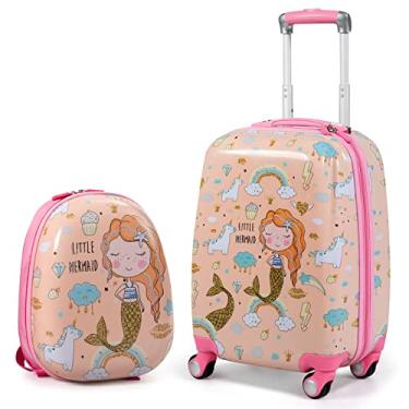 Imagem de BABY JOY Conjunto de bagagem infantil de 2 peças, mochila de 30,5 cm e mala infantil de 45,7 cm, estojo rígido de viagem e mochila com 4 rodízios rotativos, linda capa de carrinho com rodinhas para