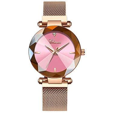 Imagem de Relógios femininos Fashion Shine Cristal Corte Espelho Relógio de Pulso Ouro Rosa Pulseira de Malha de Aço Inoxidável Impermeável Analógico Quartzo, Rosa