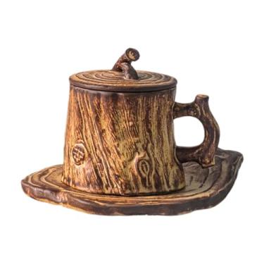 Imagem de Ioensy Copo de café da manhã de caneca de café cerâmica, 225 ml, drinkware cappuccino xícara de novidade rústica única para chá de café, com Tampa